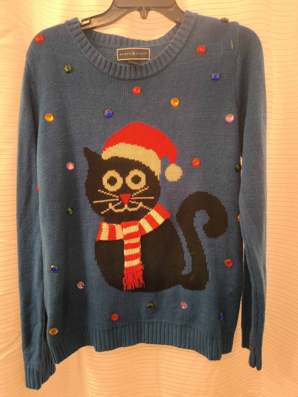 Karen Scott Blue Holiday Cat Sweater with Red and White Accents
